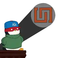 a penguin wearing a mask and a hat with the letter l on it is looking at something