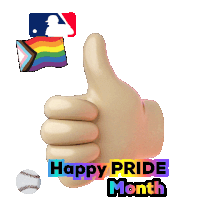 a thumbs up with the words happy pride month written below it