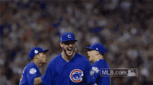 a group of cubs baseball players celebrate a win