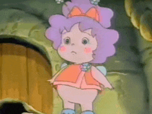 a cartoon character with purple hair and a bow