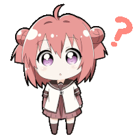 a little girl with purple eyes and a question mark above her head