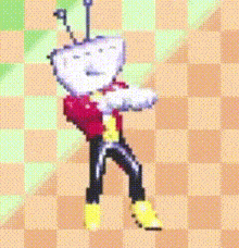 a pixel art drawing of a cartoon character standing on a checkered background