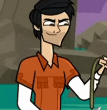 a cartoon man is holding a rope in his hand and smiling .