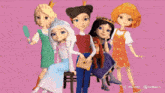 a group of cartoon characters are standing next to each other on a pink background with crowns on it