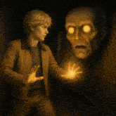 a painting of a man holding a light in front of a giant head
