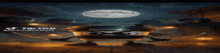 a space ship is sitting in a dark room with a glowing circle above it .