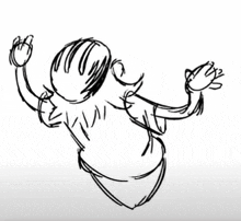 a black and white drawing of a person with their hands in the air .