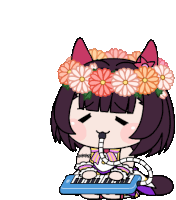 a cartoon drawing of a girl with a flower crown on her head playing a keyboard