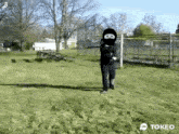 a person in a ninja mask is walking in a field