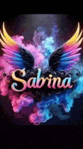 the name sabrina is surrounded by wings and smoke