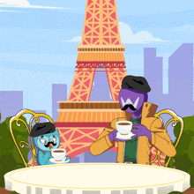 a man and a cat sit at a table drinking coffee with the eiffel tower in the background