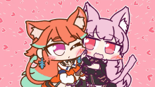 a drawing of a cat and a fox with hearts on the background