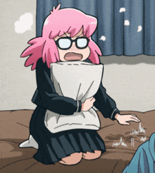 a girl with pink hair and glasses holds a pillow
