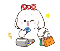 a cartoon of a dog holding a credit card and shopping bags