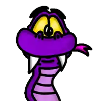 a purple cartoon snake with yellow eyes and fangs