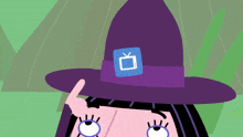 a cartoon of a witch wearing a purple hat with a tv on it
