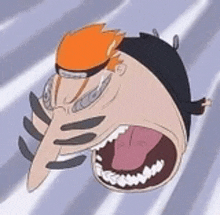 a cartoon character with a long nose and tongue sticking out is flying through the air .