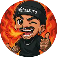 a cartoon drawing of a man wearing a beanie that says blazzard on it