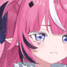 a close up of a pink haired anime girl with a triangle on her face