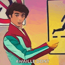 a man in a colorful jacket is standing in front of a sign that says awhile dont .