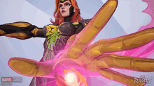 a marvel rivals advertisement with a woman holding a purple object