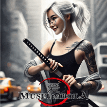 a woman holding a sword in front of a sign that says museum bola