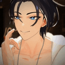 a close up of a person with blue eyes and black hair