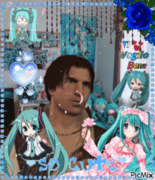 a man is surrounded by anime girls and a sign that says i voglio bene