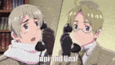 two anime characters talking on phones with the words jupi and una written below them