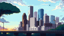 a pixel art illustration of a city skyline with a bridge in the foreground