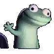 a frog with pink eyes is waving its hand .