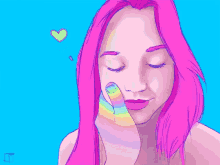 a drawing of a woman with pink hair and a rainbow colored finger on her face