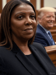 a woman in a suit sits next to a man in a suit