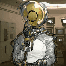 a drawing of a man wearing a helmet with a face on it