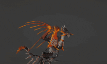 a 3d model of a dragon with orange wings on a gray background
