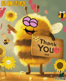 a bee holding a sign that says thank you save