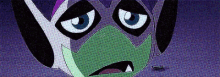 a close up of a cartoon character 's face with a mask on it .