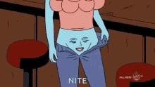 a cartoon woman is taking off her pants with a face on her stomach .