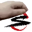 a pixelated image of a hand holding a red and black s on a white background