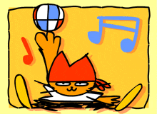 a cartoon drawing of a cat playing with a ball and music notes