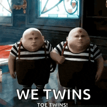 two cartoon characters are standing next to each other with the words we twins toe twins