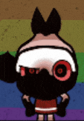 a cartoon character with a rainbow background and a red eye