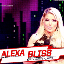 a female wrestler named alexa bliss is smiling in front of a purple background