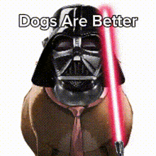 a dog wearing a darth vader helmet and tie holding a red light saber