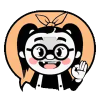 a cartoon girl with glasses and a bow on her head is waving her hand