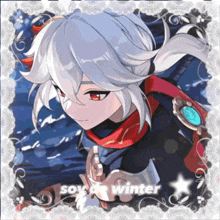 a picture of a boy with white hair and red eyes and the words soy winter
