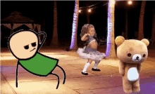a teddy bear is standing next to a little girl dancing