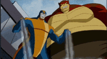 two cartoon characters are standing next to each other and one has a red cape on