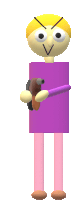 a cartoon character with a purple shirt and pink legs is holding a pencil and a lighter .