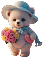 a teddy bear wearing a hat and scarf is holding a heart and roses